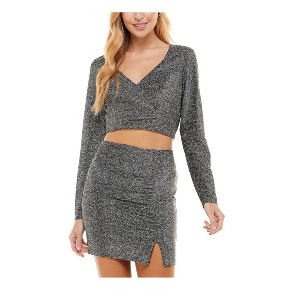 NWT CRYSTAL DOLLS Womens Black Long Sleeve Party Crop Top L